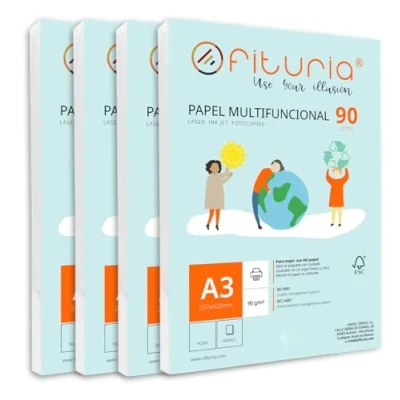 Abbildung von Packung mit 1000 weißen DIN A3 Blättern, 90g Druckerpapier. Multifunktionales Kopierpapier für Schule und Büro. Ideal Laserdrucker, Tintenstrahldrucker oder Kopierer Ofituria