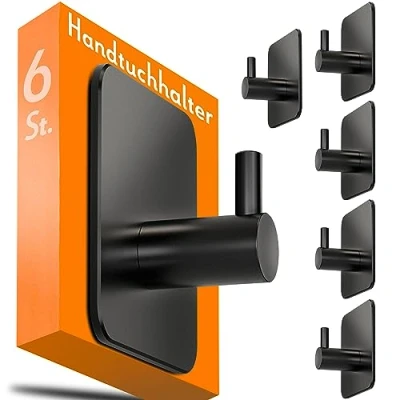 Abbildung von 4smile Handtuchhalter ohne Bohren, schwarz 6er Set Badezimmer Handtuchhalter, Klebehaken aus Edelstahl, wasserfeste Haken für Bad, WC, Küche Hochwertige selbstklebend, Handtuchhaken