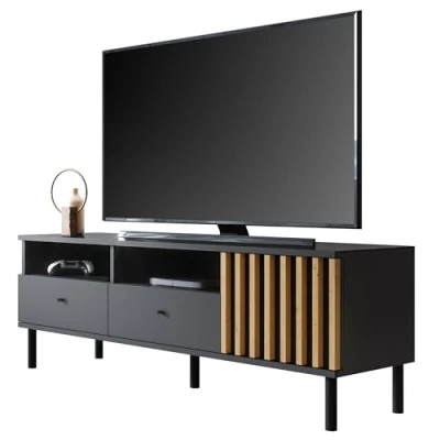 Abbildung von Newroom TV Lowboard Anthrazit Wildeiche Schrank Modern Vintage 138x49x40 cm (BxHxT) Fernsehtisch Board Rack [Ebono.Four] Wohnzimmer