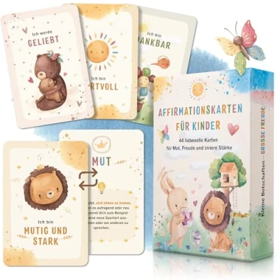 Abbildung von EULENTALER® Affirmationskarten für Kinder I Von Pädagogen gestaltet 44 liebevoll handgemalte Achtsamkeitskarten Selbstbewusstsein, Mut und Lebensfreude mit Übungen &amp; Erklärbuch