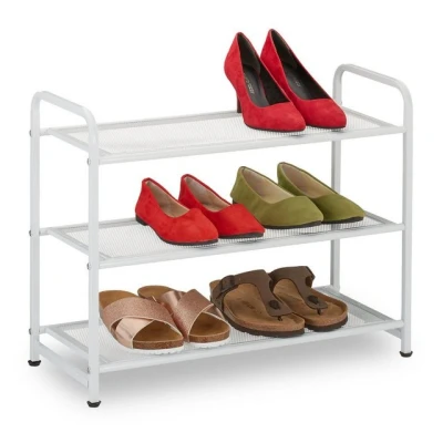 Abbildung von Relaxdays Schuhregal, 6 Paar Schuhe, HxBxT: 48x60x25 cm, Metall Schuhablage, schmal, 3 Ablagen, Flur Schuhgestell, weiß, Stahl, 48 x 60 25 cm