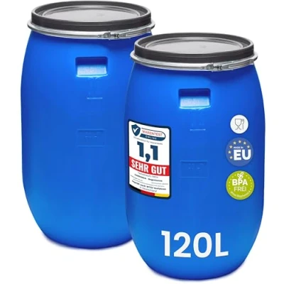 Abbildung von Garronda Set 2x 120 Liter Deckelfass Weithalsfass aus HDPE Regenfass für Garten Fass Regenwassertonne Futtertonne Universalfass Wasserfass Regentonne Lebensmittelfass Wassertank GD 0123, Blau