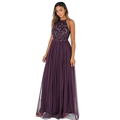 Abbildung von Maya Deluxe Damen Womens Ladies Bridesmaid Maxi Dress Halter Neck Sequin Embellished Prom Graduation Wedding Brautjungfernkleid, Berry, 28