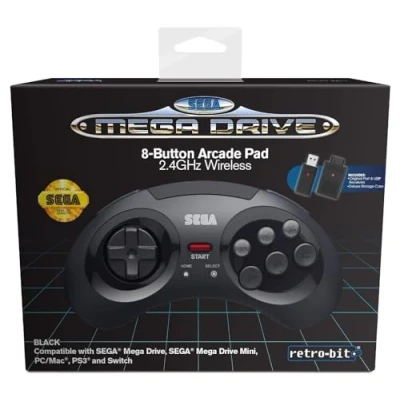 Abbildung von Retro Bit Official Sega Mega Drive 8 Button 2.4Ghz Wireless Arcade Pad for MINI Console, PC, Switch, macOS, Playstation 3, Steam, RetroPie, Raspberry Pi (Black)