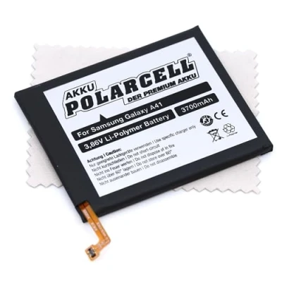 Abbildung von Ersatz Akku passend für Samsung Galaxy A41 (Ersetzt Originalakku EB BA415ABY) 3700mAh Polarcell mit mungoo Displayputztuch