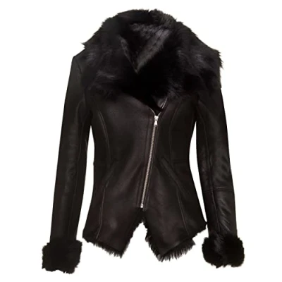 Abbildung von Infinity Leather Lammfell Motorradfahrer Schaffell Fliegerleder Merinojacke für Damen
