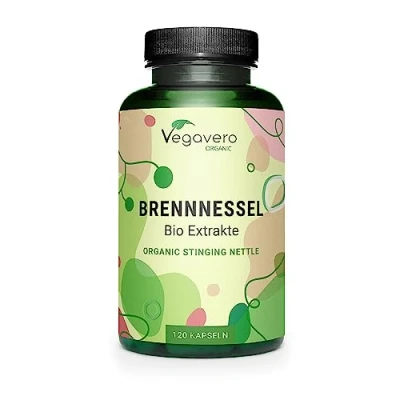Abbildung von Bio Brennnessel Kapseln hochdosiert 100% Rohstoffe aus Europa 900 mg Extrakt Wurzel + Blatt Laborgeprüft 120 Stück Vegan und ohne Zusatzstoffe Deutsche Produktion von Vegavero®