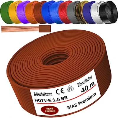 Abbildung von MAS Premium Von 5 bis 100m Aderleitung H07 V K 1x1,5 mm² SW, HBL, GNGE, GN, RT, DBL, BR, OR, GR, WS, VIO, U MAR.BL oder GE Einzelader flexibel (Braun, 40m)