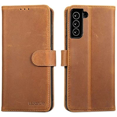 Abbildung von LENSUN Echtleder Hülle für Samsung Galaxy S21 Plus, Handyhülle [Echtes Leder] [Magnetverschluss] [Kartenfach] Handytasche Lederhülle S21+ 5G Vintage Braun