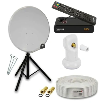 Abbildung von PremiumX Camping Satelliten Komplettanlage 60cm Antenne Hellgrau Sat Single LNB Dreibein Stativ TV Kabel Receiver HDMI