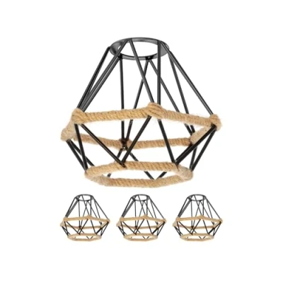 Abbildung von ledscom.de 4 Stück Käfig Lampenschirm mit Hanfseil, Diamant, schwarz, 155mm Ø
