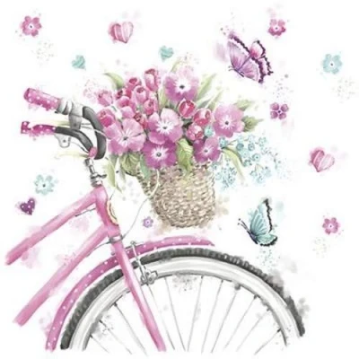 Abbildung von 20 Servietten Fahrrad mit Blumenkorb als Tischdeko für den Frühling und Sommer 33x33cm