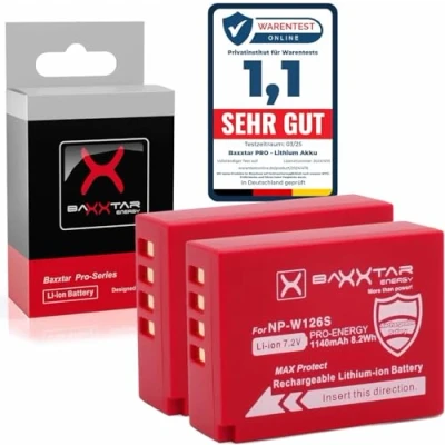 Abbildung von Baxxtar Pro Akku NP W126s W126 2X Serie MaxProtect (1140mAh) mit aktivem NTC Sensor und V1 Schutzgehäuse ohne Verwendungseinschränkung X M5 S10 T50 usw.