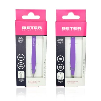 Abbildung von Beter 2er Pack professionelle Augenbrauenpinzette, schräge Spitze, Soft Touch Oberfläche, rostfreier Stahl