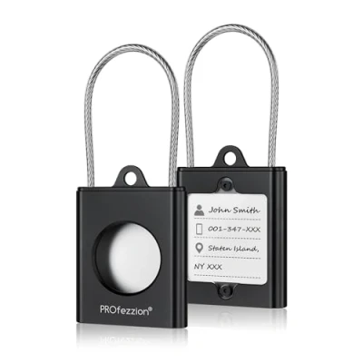 Abbildung von PROfezzion AirTag Schutzhülle, Halter mit Drahtkabel, Schlüsselringen und Namensschildern, Hartschale aus Aluminiumlegierung, für Koffer,Autoschlüssel,Brieftaschen,Rucksäcke (SCHWARZ)