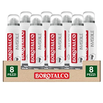 Abbildung von Borotalco Invisible Deo 48h Deodorant Spray mit Talkumpuder Barriereeffekt, Anti Flecken, extra trocken, ohne Alkohol, absorbiert Schweiß, dermatologisch getestet 8 Flaschen à 150 ml