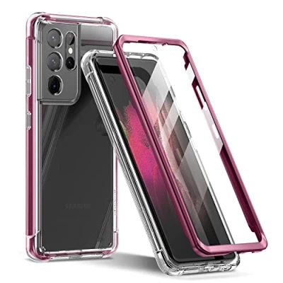 Abbildung von SURITCH für Samsung S21 Ultra Hülle Schutzhülle 360 Stoßfest Transparent Front Und Rückenschutz Handyhülle mit Kameraschutz TPU Bumper Eingebautem Displayschutz Galaxy Lila Rot