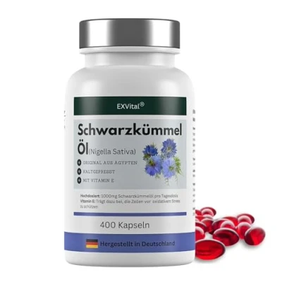 Abbildung von Schwarzkümmelöl kaltgepresst, ägyptisch, naturbelassen, mit Vitamin E Softgel Kapseln, 400,00 St., 280 g