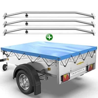 Abbildung von Tarpofix® Anhängerplane 258 x 136 cm + 3x Planenbügel Anhänger Plane Flachplane aus PVC PLANENMATERIAL Verstärkte Humbaur für PKW Hänger Abdeckplane Flachplanenbügel Blau