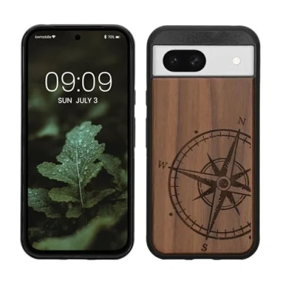 Abbildung von kwmobile Hülle kompatibel mit Google Pixel 8a Holz Case Handy Cover TPU Handyhülle in Dunkelbraun Kompass Vintage
