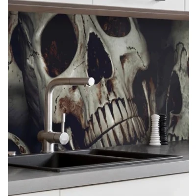 Abbildung von MyMaxxi Selbstklebende Küchenrückwand Folie ohne Bohren Motiv Totenkopfgrube grau 60cm hoch Klebefolie Wandtattoo Wandbild Küche Wand Deko Skelett Tod Schädel Gegner 180 x