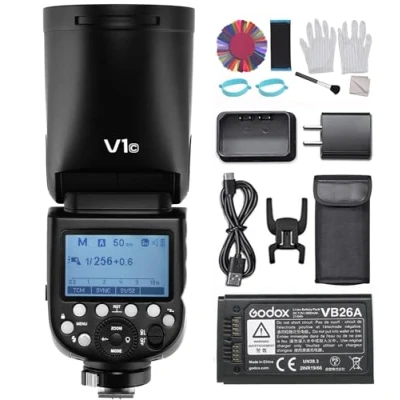 Abbildung von Godox V1C Rundkopf Kamerablitz, Blitzgerät 2.4G Wireless 1/8000S HSS mit 2600mAh Lithiumbatterie+24 Stück Kamera Blitzgele für Canon EOS Serie