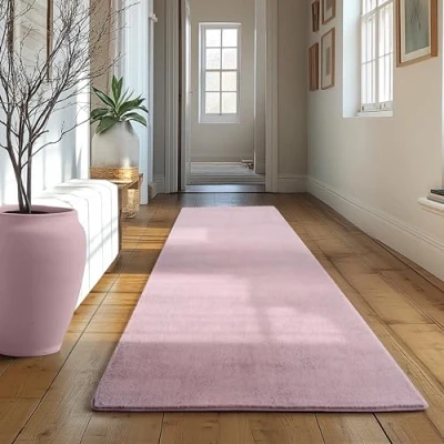 Abbildung von SIMPEX Läufer Teppich Rosa 80x250 cm Kurzflor Waschbar, weich &amp; rutschfest, modernes einfarbiges Design für Schlafzimmer, Küche Flur