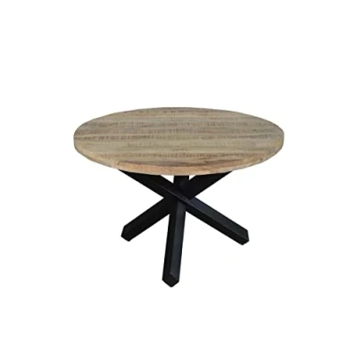 Abbildung von SAM Runder Esszimmertisch 130 cm Runis, Mangoholz massiv &amp; naturfarben, Esstisch im Used Look, schwarzer Metallfuß in Sternform, aufgedoppelte Tischplatte 50 mm (25+25mm)
