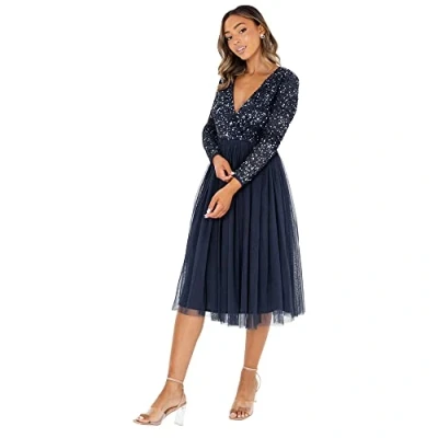 Abbildung von Maya Deluxe Damen Faux Warp Front Embellished Midi Bridesmaid Dress, Navy, 36 EU