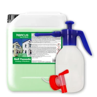 Abbildung von ABACUS® Fassadenreiniger mit Sprühflasche, Grünbelagentferner für Fassaden, Putz &amp; Hauswände Entfernt selbsttätig Pilze, Flechten Algen von Fassaden Nur 0,1L pro m², Nell Fassade 5 Liter (7801)