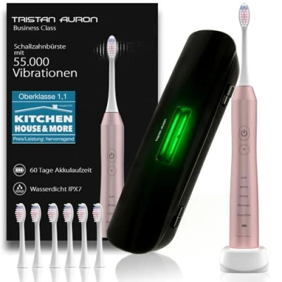 Abbildung von Tristan Auron Schallzahnbürste UV Reiseetui &amp; 6 Bürstenköpfe Sanfte mit 5 Reinigungsmodi Elektrisch, leicht ideal für empfindliche Zähne (Pink)