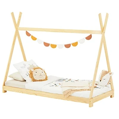 Abbildung von IDIMEX Tipi Bett ELIN aus massiver Kiefer in 90 x 200, Kinder Hausbett mit Dach, modernes Indianer Spielbett für Kinder, Natur lackiert