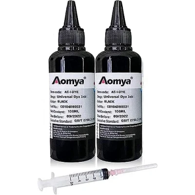 Abbildung von Aomya 2 Bottle Black Universal Dye Ink Refill Kit 100ml for HP Canon Epson Brother Lexmark Printers Compatible Cartridges Refillable Cartridge CISS CIS System with 1 Free Syringe