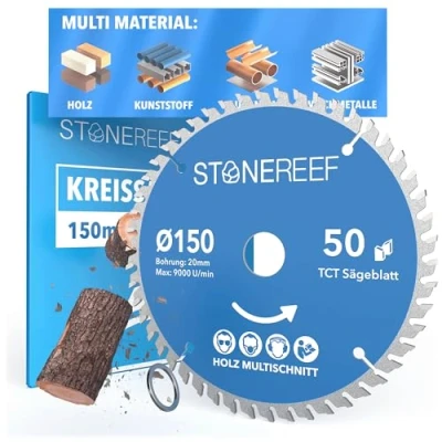 Abbildung von STONE REEF Sägeblatt 150x20 Kreissägeblatt [inkl. Adapter auf Bohrung 20 &amp;16mm], kompatibel mit Winkelschleifer von Bosch, Makita usw. Kreissäge Nagelfest für Holz, Metall &amp; Alu