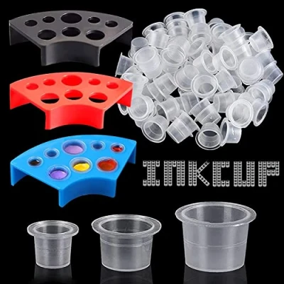 Abbildung von 300pcs Tattoo Farbkappen Cups mit 3 Halterungen Emalla 100 kleine mittlere große Tintenbecher +3 Farben Halter für Tinte Permanent Makeup Zubehör