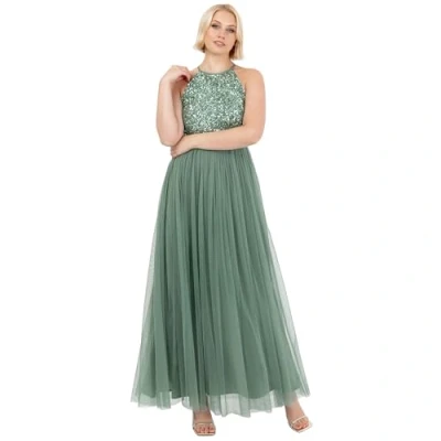 Abbildung von Maya Deluxe Damen Womens Ladies Bridesmaid Maxi Dress Halter Neck Sequin Embellished Prom Graduation Wedding Brautjungfernkleid, Tiefes Minzgrün, 42
