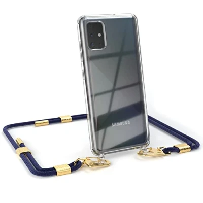 Abbildung von EAZY CASE kombinierbare Handyketten kompatibel mit Samsung Galaxy A51, Transparente Silikon Hülle stylischen rundem Umhängeband, abnehmbar durch Karabiner, Riemen, Nacht Blau Clips Gold