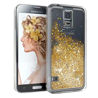 Abbildung von EAZY CASE Hülle kompatibel mit Samsung Galaxy S5/LTE+/Duos/Neo Schutzhülle Flüssig Glitzer, Handyhülle, Schutzhülle, Back Cover Glitter Flüssigkeit, aus Silikon, Transparent/Durchsichtig, Gold