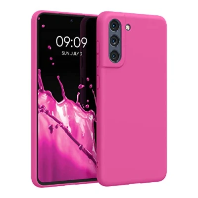 Abbildung von kwmobile Hülle kompatibel mit Samsung Galaxy S21 FE weiches TPU Silikon Case Cover geeignet für kabelloses Laden Neon Pink