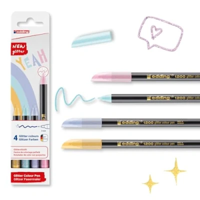Abbildung von edding 1200 Glitzerstifte Pastellfarben 4 Fasermaler mit intensivem Glitzereffekt Rundspitze 3 mm zum präsizen Schreiben, Skizzieren und Malen