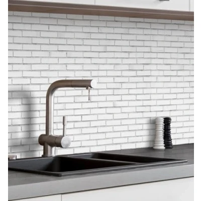 Abbildung von MyMaxxi Küchenrückwand Folie selbstklebend matt Versteift einfache Montage ohne Bohren Motiv Klinker weiß 60cm hoch Spritzschutz Küche Klebefolie Wand Mauer 60 x