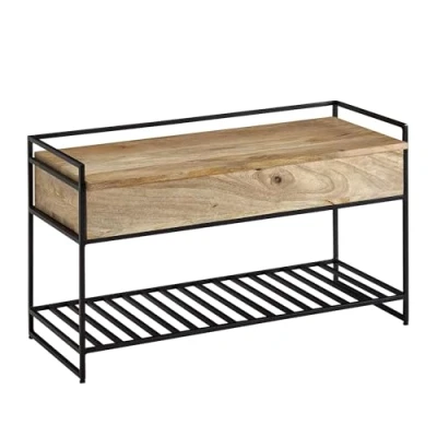 Abbildung von FINEBUY Sitzbank FB34725 (90x52x38 cm Mango Massivholz / Metall Braun), Flurbank mit Stauraum, Schuhbank Ablage