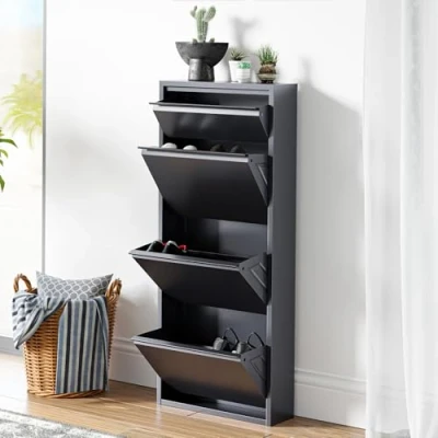 Abbildung von [en.casa] Schuhschrank Sokndal Schuhkipper Grau schmal Schuhkommode mit 3+1 Kippfächern Diele Flur Klappenschuhschrank Metall Schuhkasten