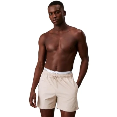 Abbildung von Calvin Klein Herren Badeshorts Medium Double Mittellang, Beige (Stony Beige), S