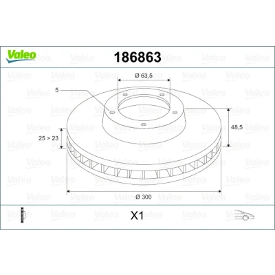 Abbildung von VALEO 186863 Bremsscheibe Vorderachse 300 25 5 Belüftet FORD: Tourneo Connect / Grand V408 Kombi, C Max 2, Focus 2 Schrägheck