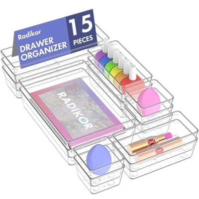Abbildung von Radikor Schubladeneinsatz Schubladen Organizer 15 Stück Schminktisch in 4 Größen, Drawer Organizer, Make Up Ordnungssystem für Schreibtisch, Büro, Küchen, Bad