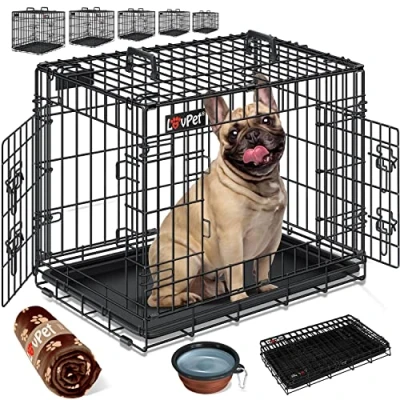 Abbildung von LOVPET® Hundekäfig klappbar Hundetransportkäfig Inkl. Fleecedecke + Napf Hundebox mit 2 Türen Transportkäfig Auto, Tiertransportbox Hundetransportbox Bodenschale 107 x 70 77,5 cm XL Schwarz
