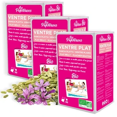 Abbildung von LES PAPOTEUSES Bio Flachbauchaufguss mit Malve, Pfefferminze und Fenchel 60 Teebeutel Infusionsset 3 Schachteln 20 Beuteln Zertifiziert biologisch