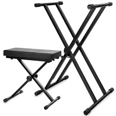 Abbildung von Classic Cantabile Keyboardständer doppelstrebig und Keyboardbank Deluxe Set 5 fach höhenverstellbar Keyboardstativ Bequeme Sitzbank für E Piano, Keyboard Stagepiano Schwarz