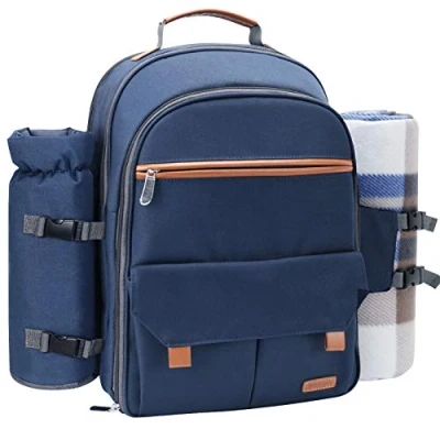 Abbildung von Sunflora Picknick Rucksack für 4 Personen mit Decke Picknickkorb Set 2 isolierter Kühltasche Weintasche Familienpaare (Marineblau)